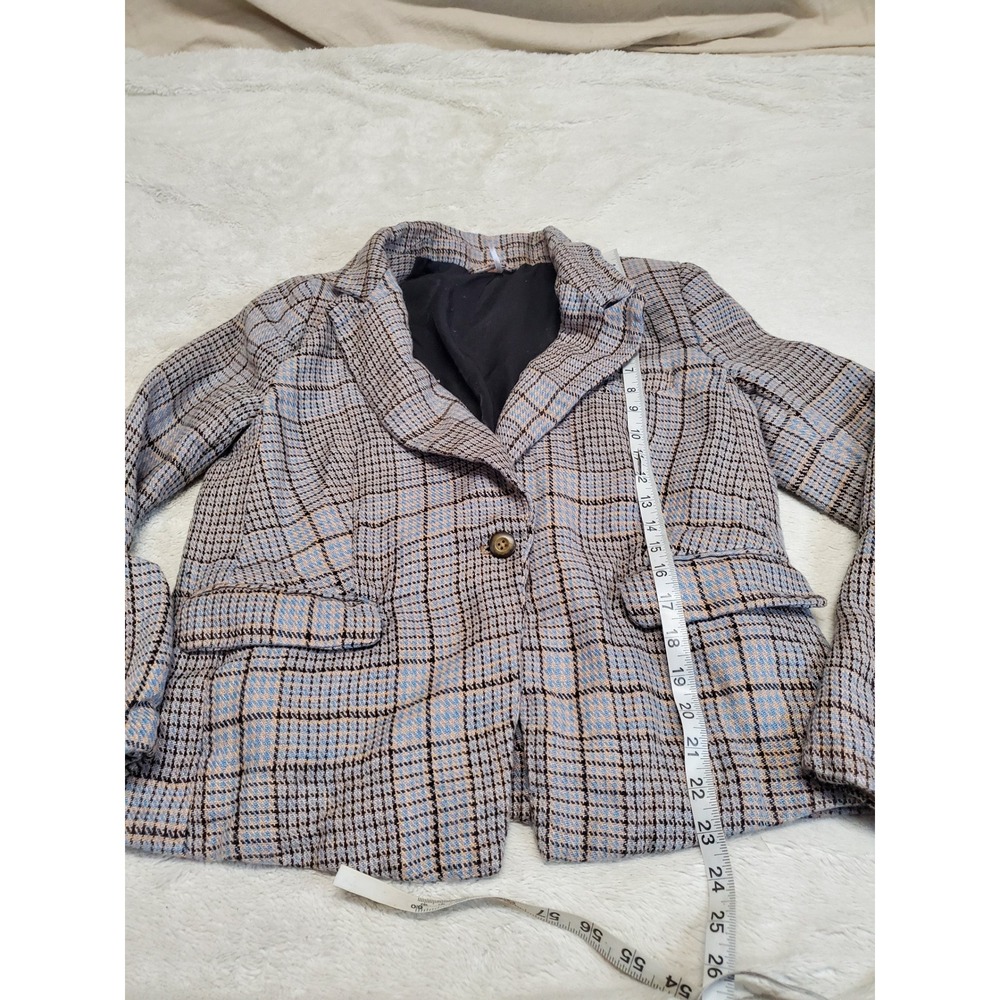 Free People Blue Gray Plaid Classic Cropped Jacket Blazer Medium Office Academia - Picture 7 of 9